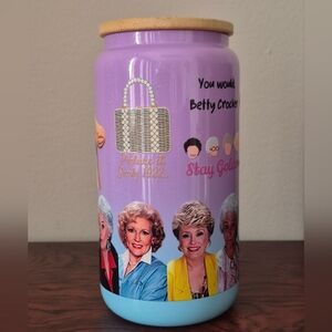Golden girls purple glitter light blue Glass Tumbler wooden lid straw 16oz